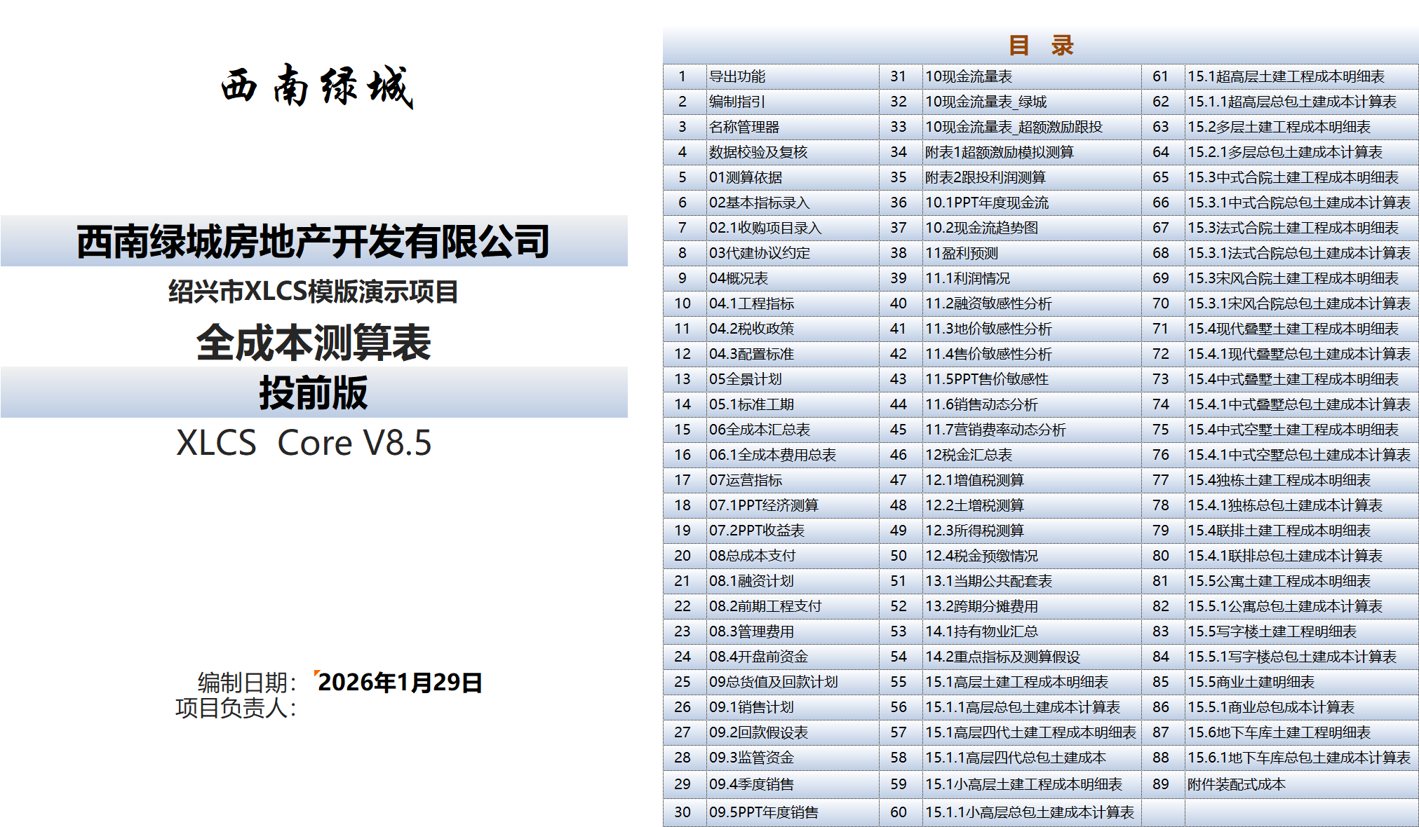 XLCS Core西绿项目全成本测算V8版目录 XLCS Core 西绿项目全成本测算正式版预览
